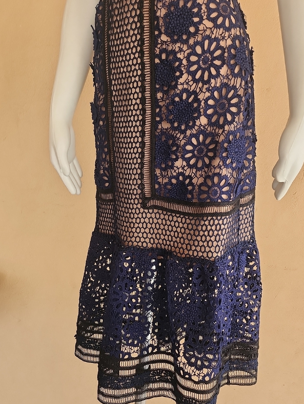 SELF-PORTRAIT Guipure Lace Midi Dress Size 0 Blue Nude Crochet A Line Party Wedd - Picture 14 of 15